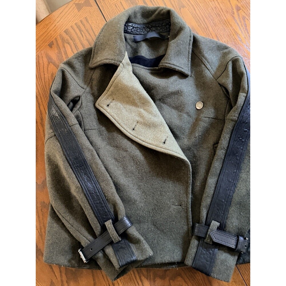 L.A.M.B. Olive Green Wool Jacket Black Leather Sleeve Panels Buckle Cuff Coat